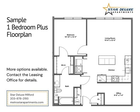 Floor plan for 1 bed, 1 bath, 812 sqft